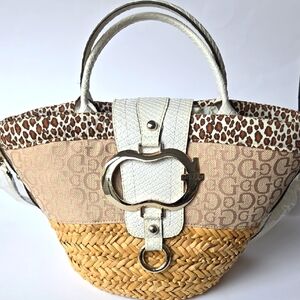 Guess Woven Straw Handbag With Brown Leopard And Logo Print With Removable Strap